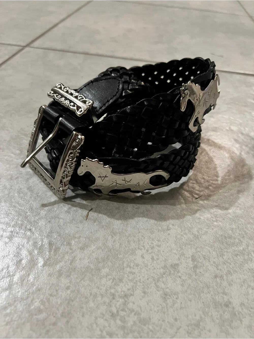 Vintage Woven Leather Western Belt - Silver Horse Conchos and Buckle - Size 32
